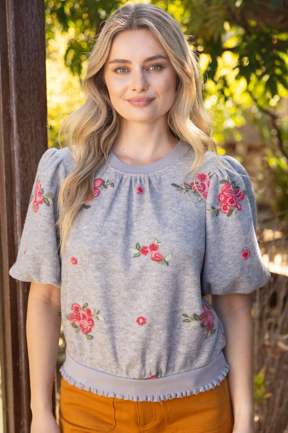Ribbed Band Detail Floral Embroidered Brushed Knit Top