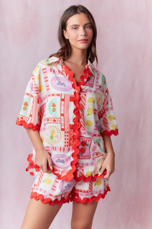 Fruits Printed Ric Rac Trim Short Set
