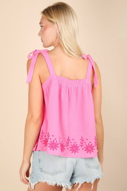 Floral Embroidered Shoulder Ribbon Tie Top