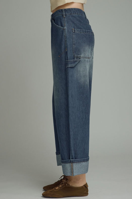 Wide Leg Denim Jeans With Cuffed Hem