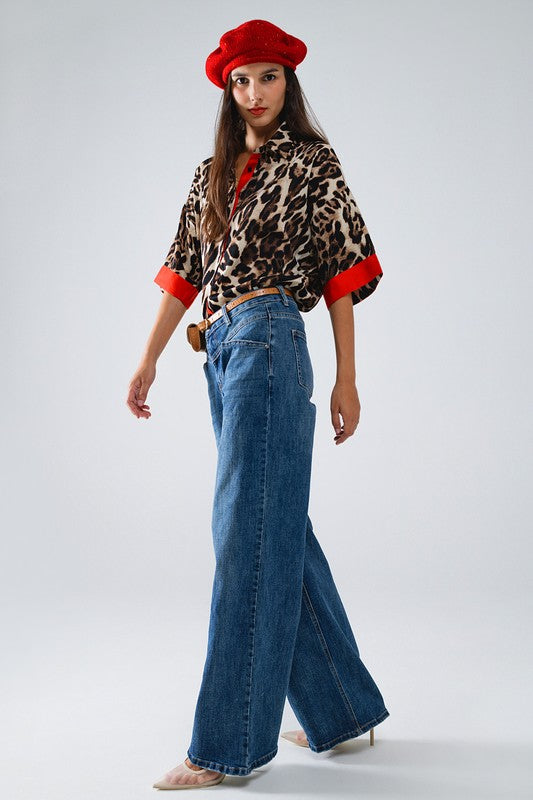 Leopard 3/4 Sleeves Shirt With Red Accents