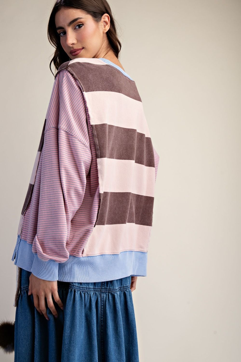 Stripe Mix Washed Terry Pullover