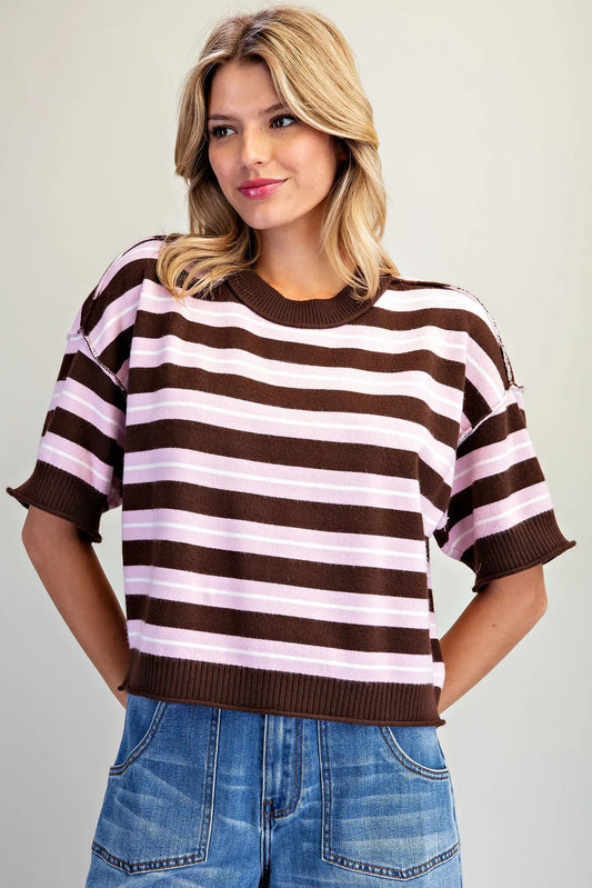 Striped Short Sleeve Knit Sweater