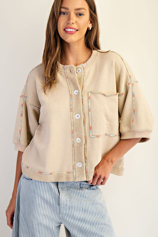 Enzyme Washed Terry Knit Button Down Top