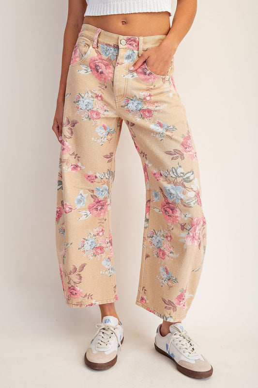 Mineral Washed Floral Printed Barrel Jeans