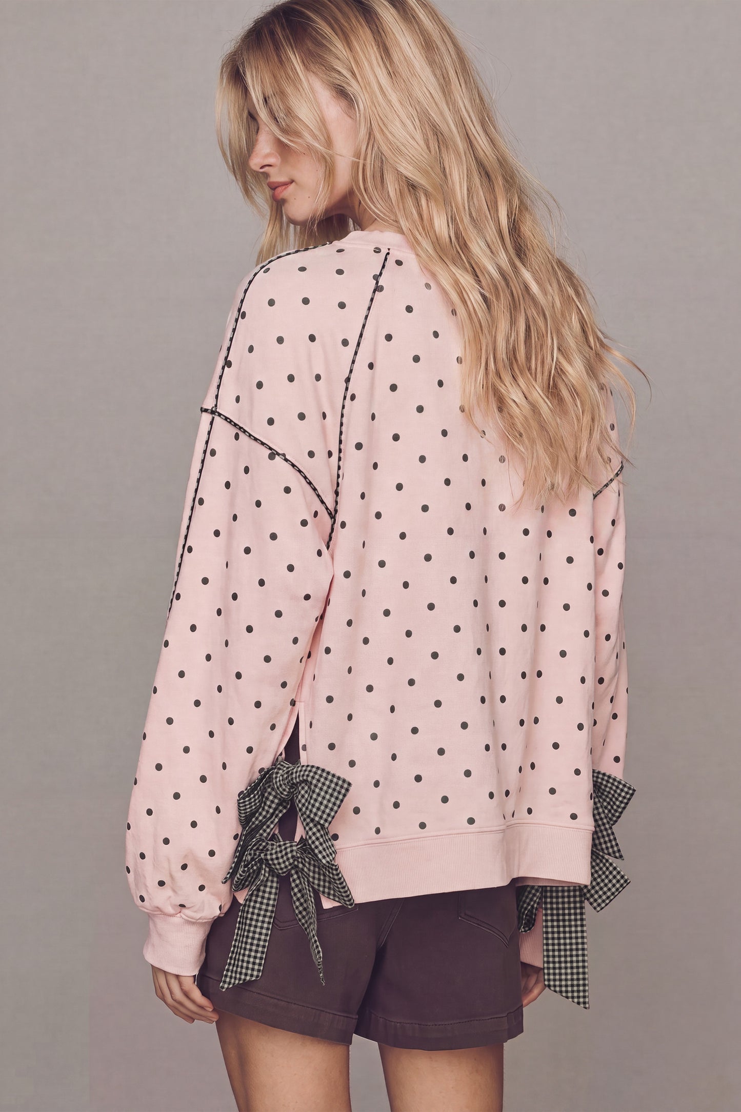 Gingham Piping & Bow Tied Polka Dot Sweatshirt