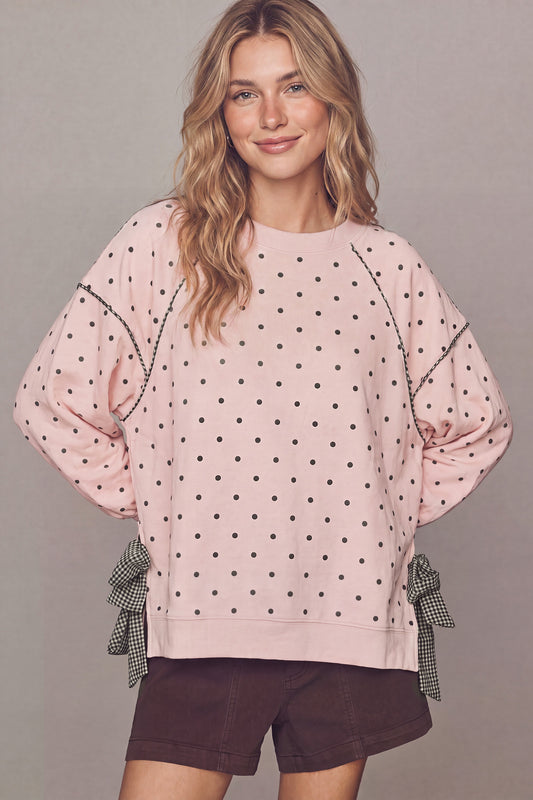Gingham Piping & Bow Tied Polka Dot Sweatshirt