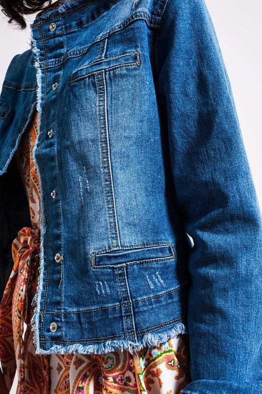 Light Wash Denim Jacket With Raw Hem Edge