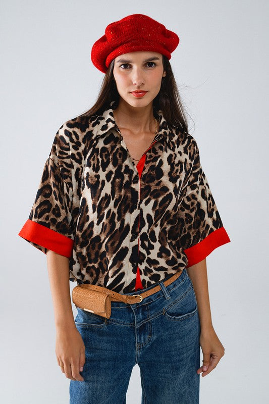 Leopard 3/4 Sleeves Shirt With Red Accents