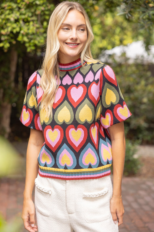 Short Bubble Sleeve Heart Print Knit Top
