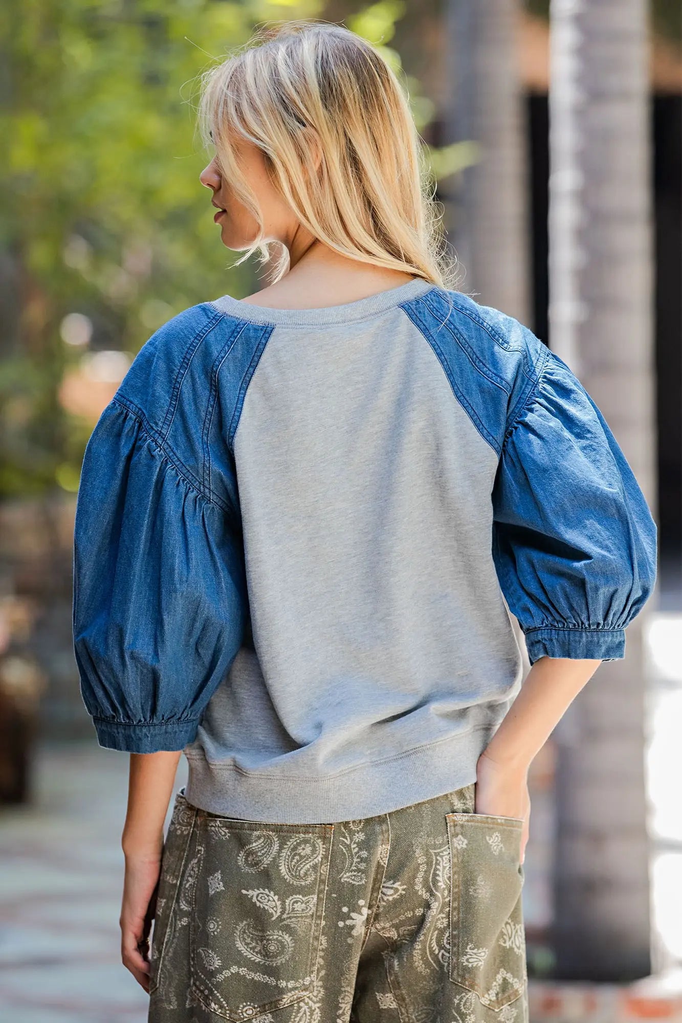 Mineral Washed Denim Raglan Sleeve Top