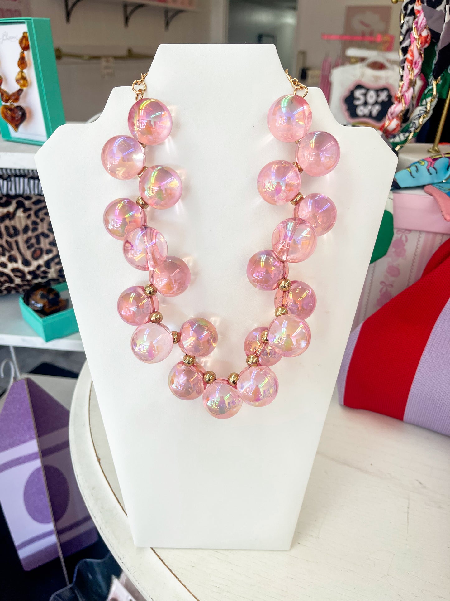 Bubble Bead Iridescent Necklace Light Pink