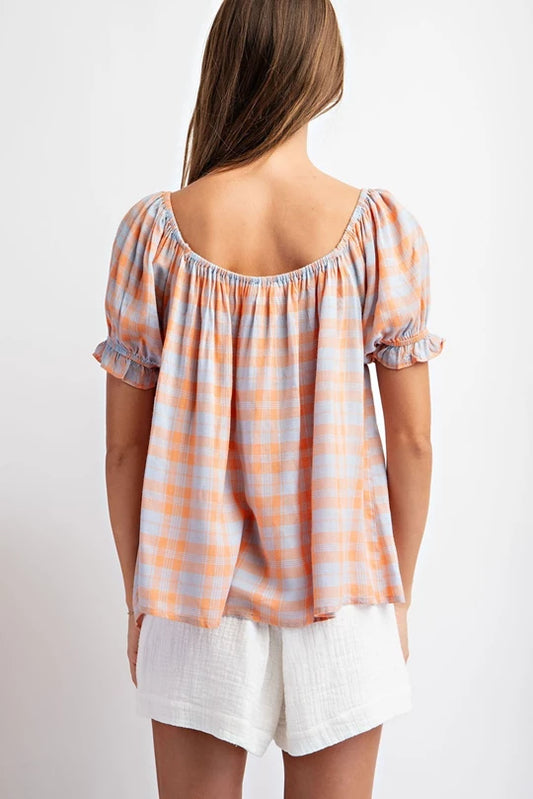 Orange Plaid Pleated Short Sleeve Top