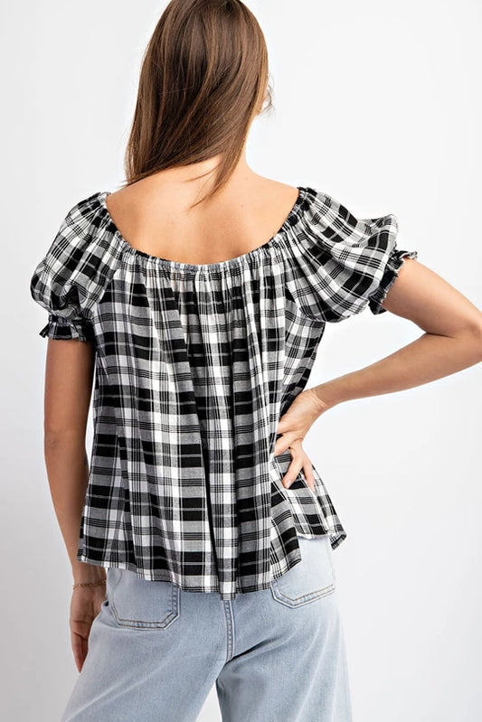 Black/White Plaid Pleated Short Sleeve Top