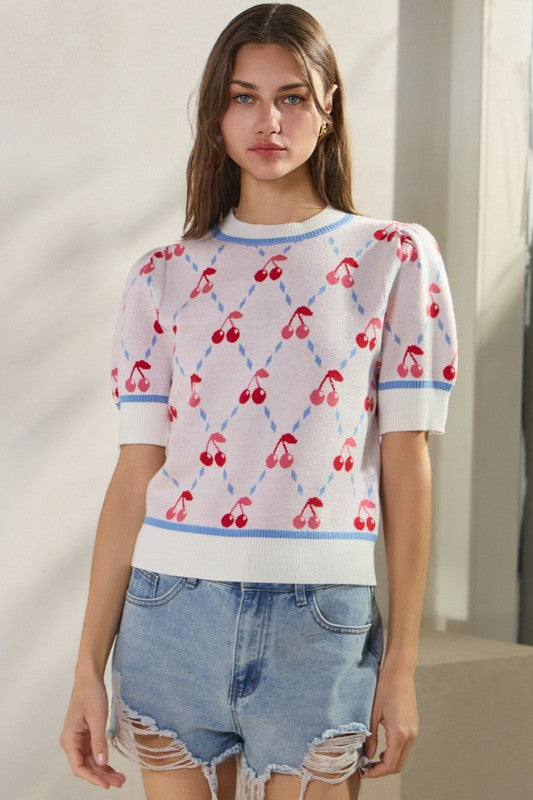 Cherry Argyle Short Sleeve Sweater