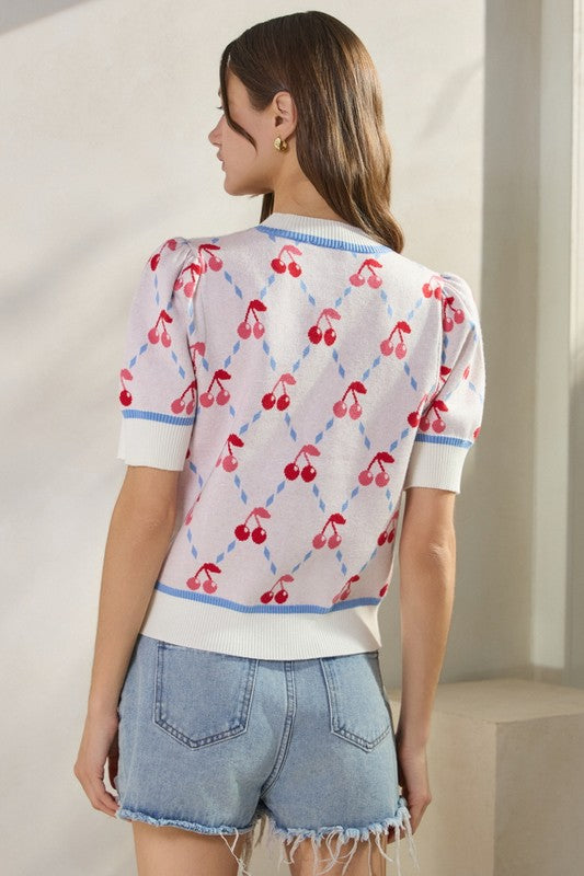Cherry Argyle Short Sleeve Sweater