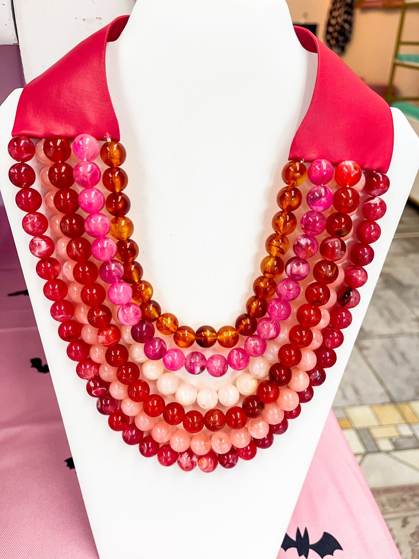 Chunky Layered Beaded Magnetic Necklace Red Multi