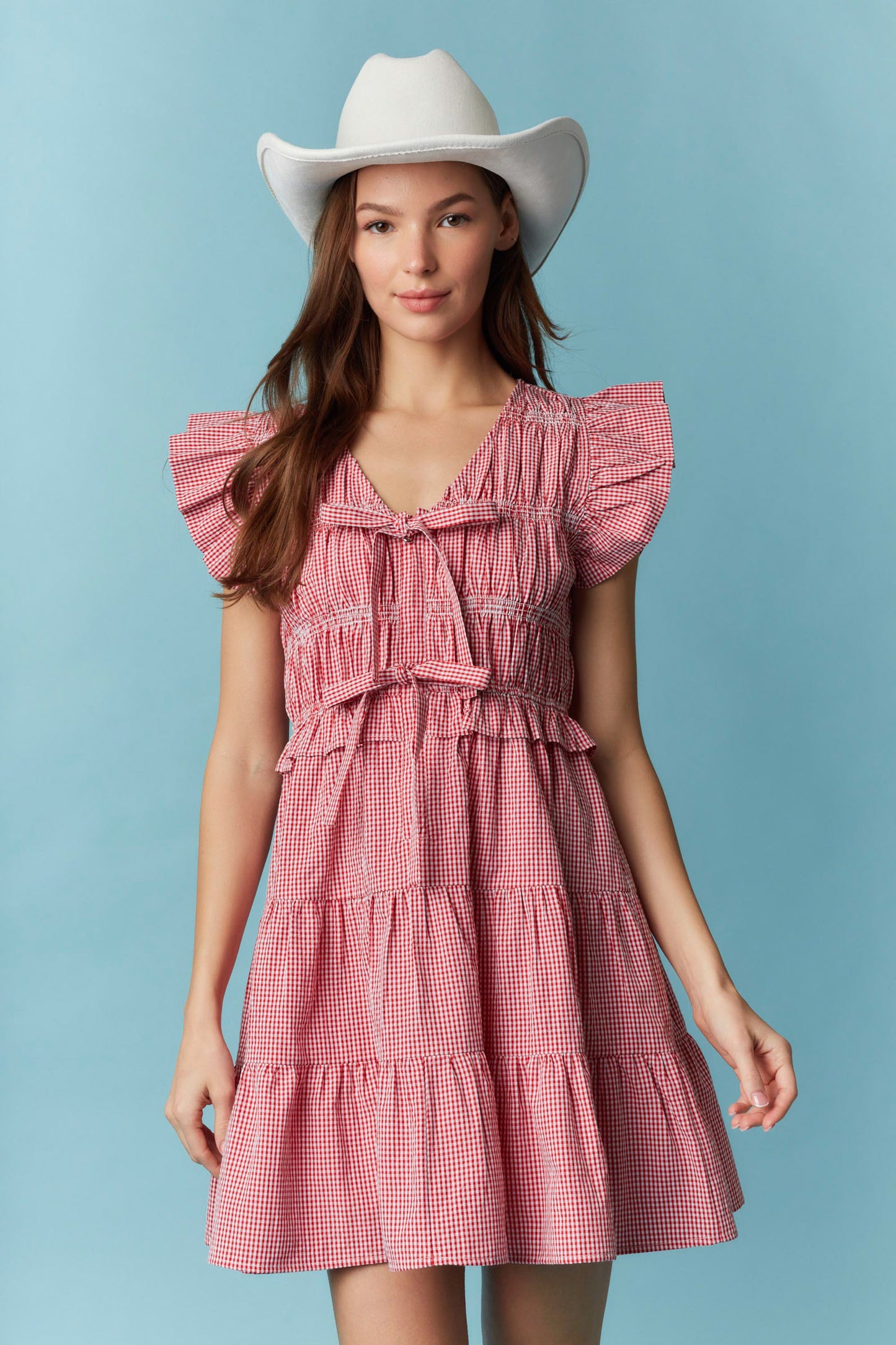 Gingham Ruffle with Lace Trim Detail Mini Dress