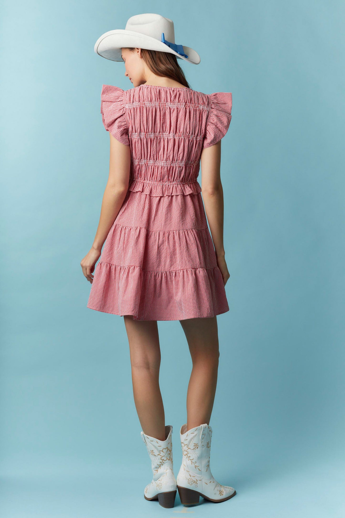 Gingham Ruffle with Lace Trim Detail Mini Dress