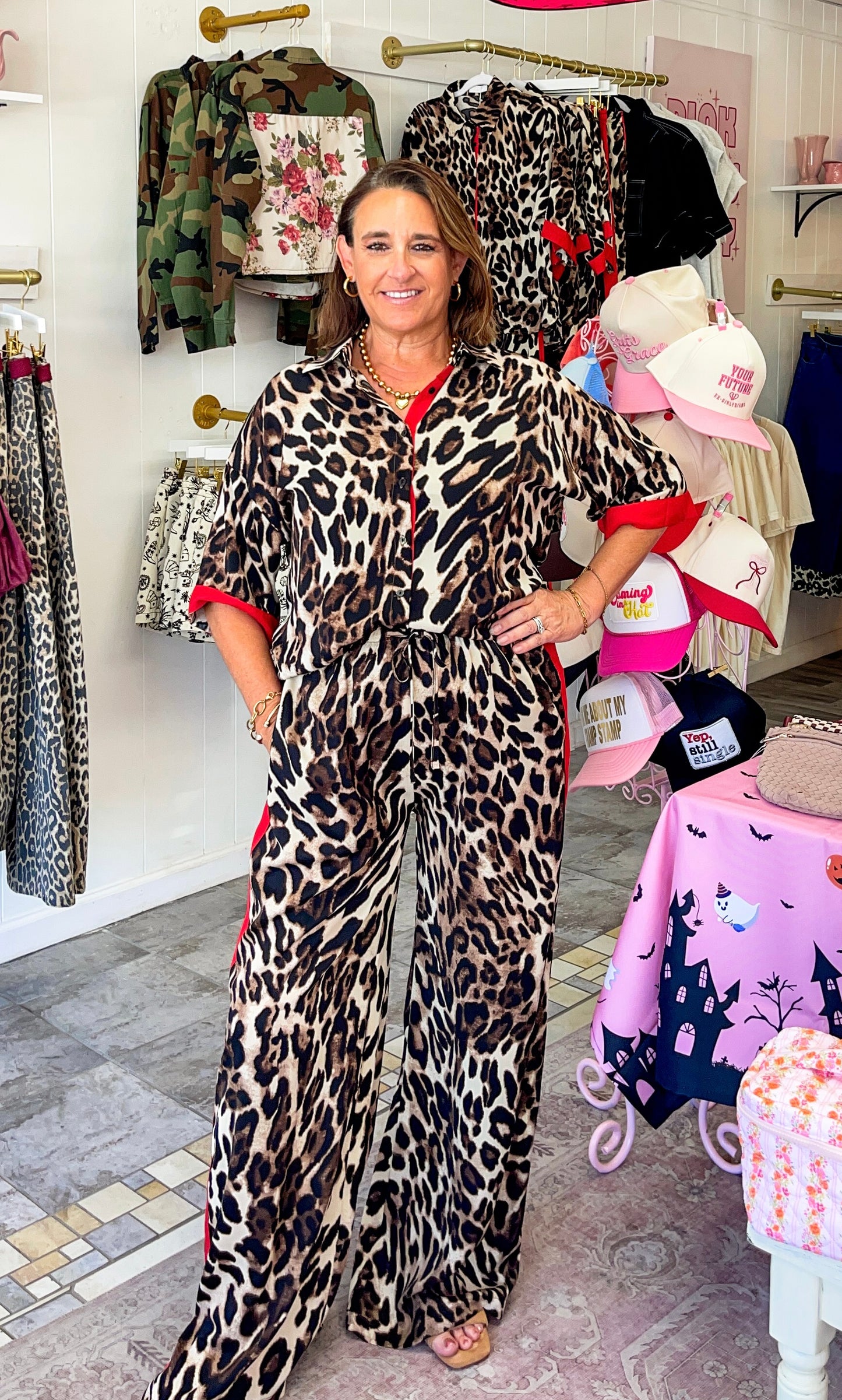 Leopard Straight Pants With Red Stripes