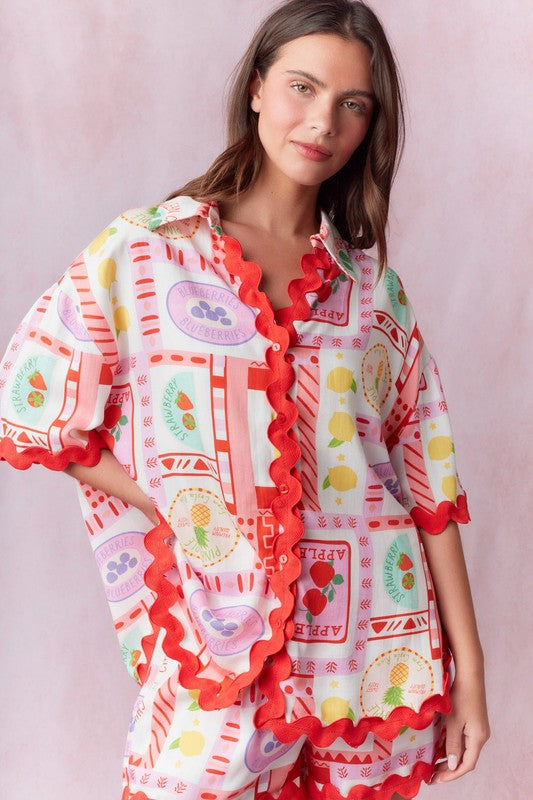 Fruits Printed Ric Rac Trim Short Set