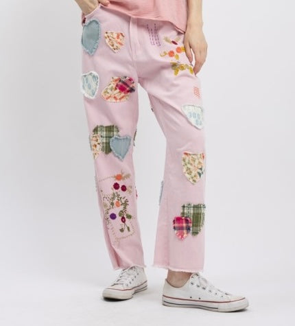 Playful Heart Patch Embroidery Mix Denim Pants
