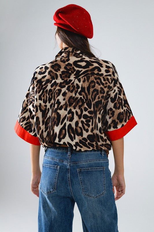 Leopard 3/4 Sleeves Shirt With Red Accents