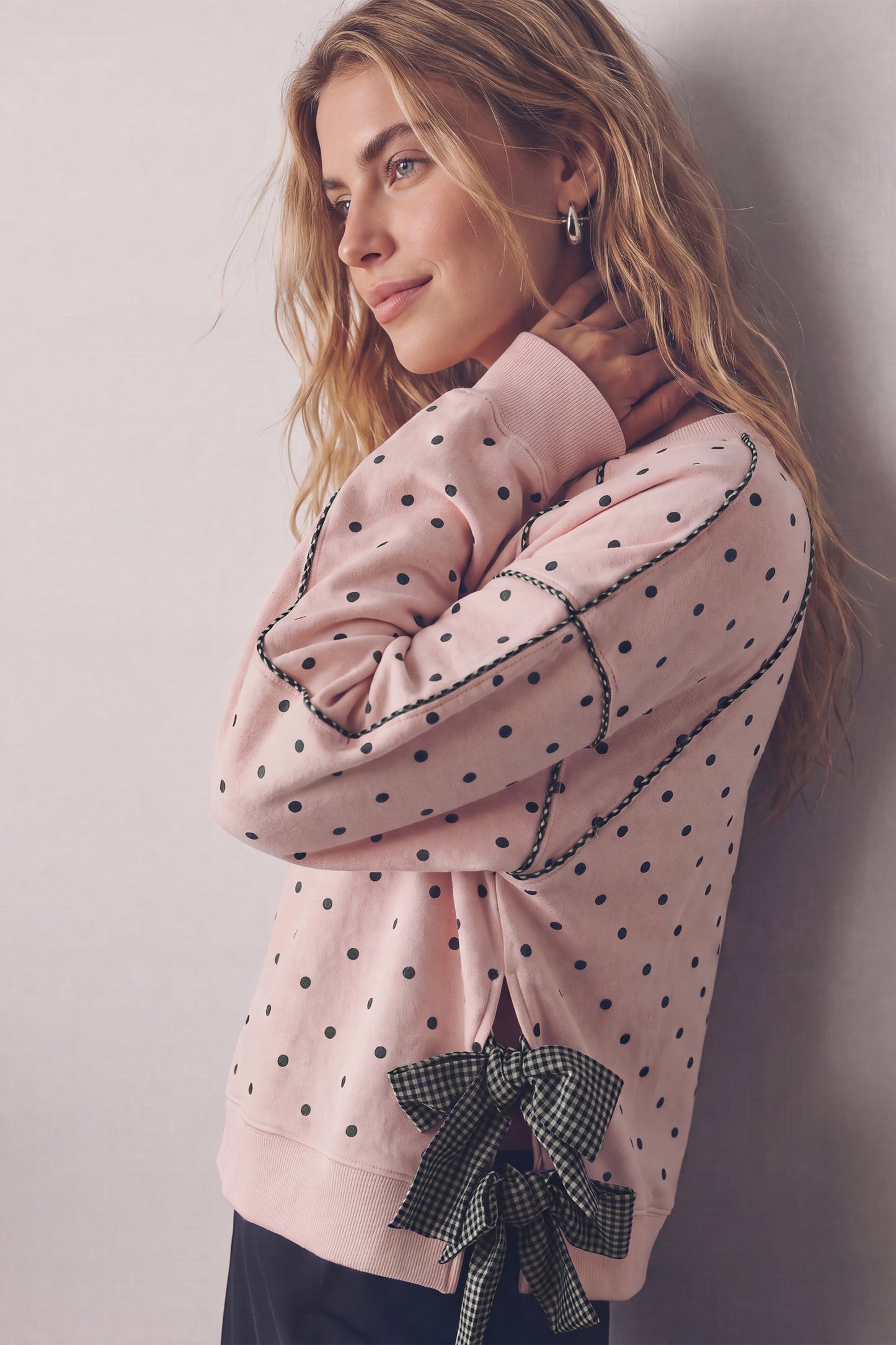Gingham Piping & Bow Tied Polka Dot Sweatshirt