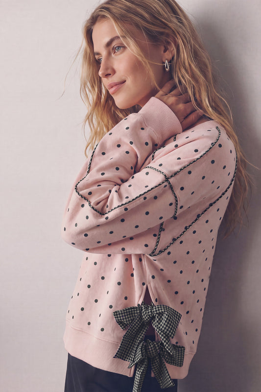 Gingham Piping & Bow Tied Polka Dot Sweatshirt