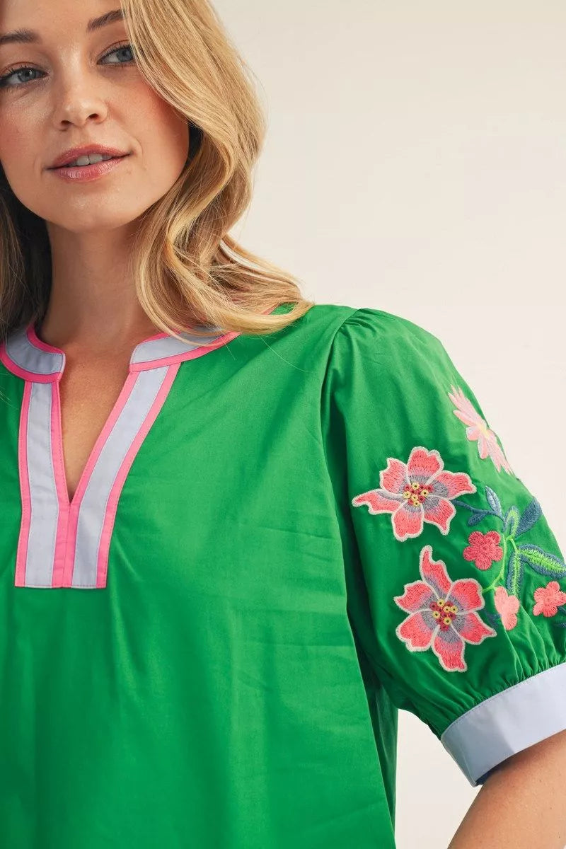 Greta Green Puff Embroidered Sleeve Top