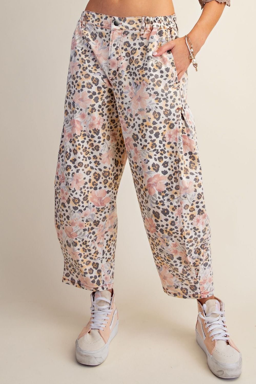 Animal Print Washed Barrel Pants