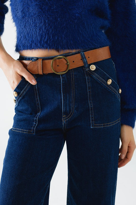 Wide Leg Jeans With 3 Button Detail