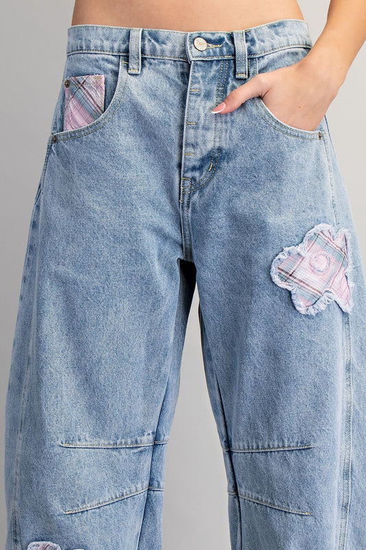 Floral Patch Barrel Jeans