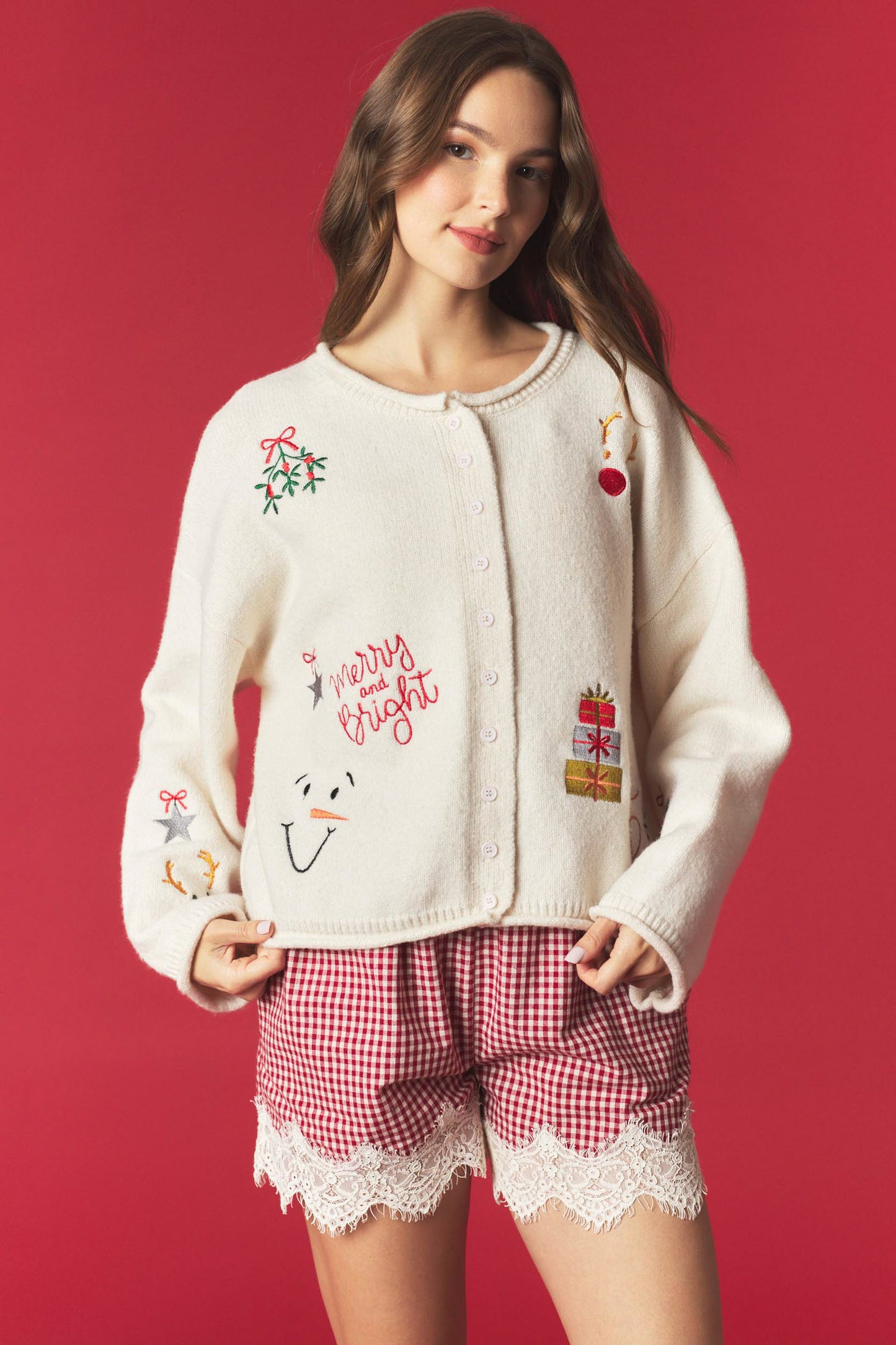 Holiday Embroidery Rolled Edge Cardigan