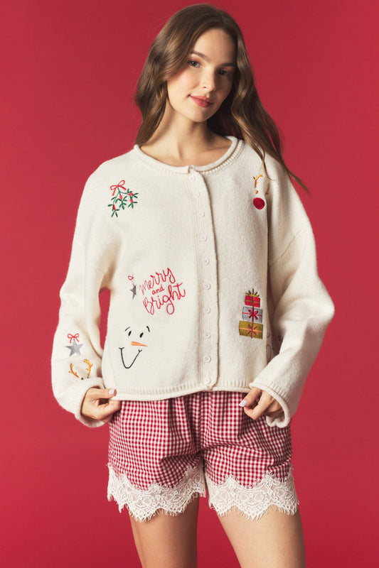 Holiday Embroidery Rolled Edge Cardigan