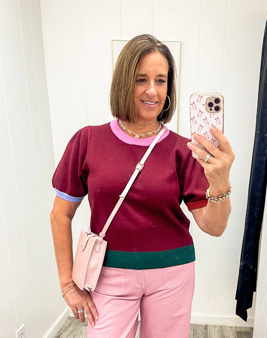 Color Block Maroon Sweater Top