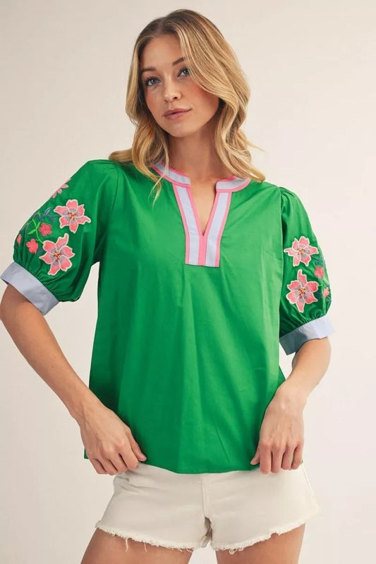 Greta Green Puff Embroidered Sleeve Top