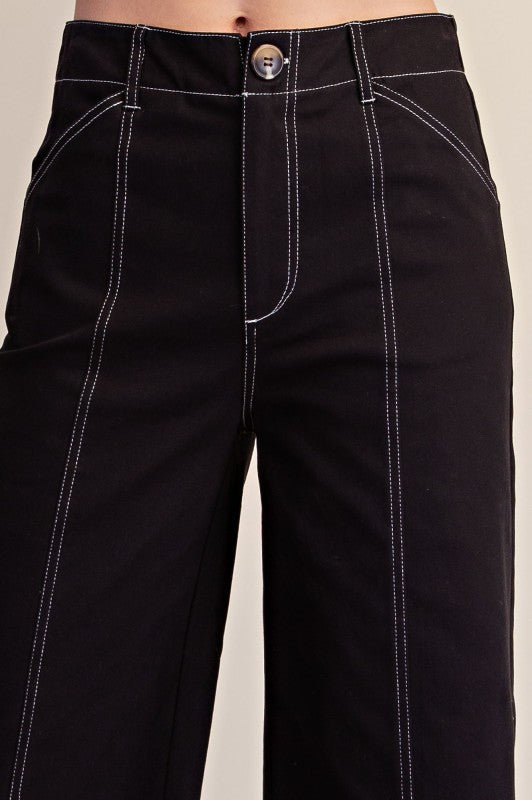 High Rise Contrast Stitch Wide Leg Pants