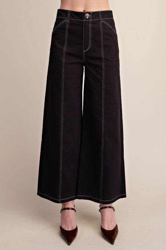 High Rise Contrast Stitch Wide Leg Pants
