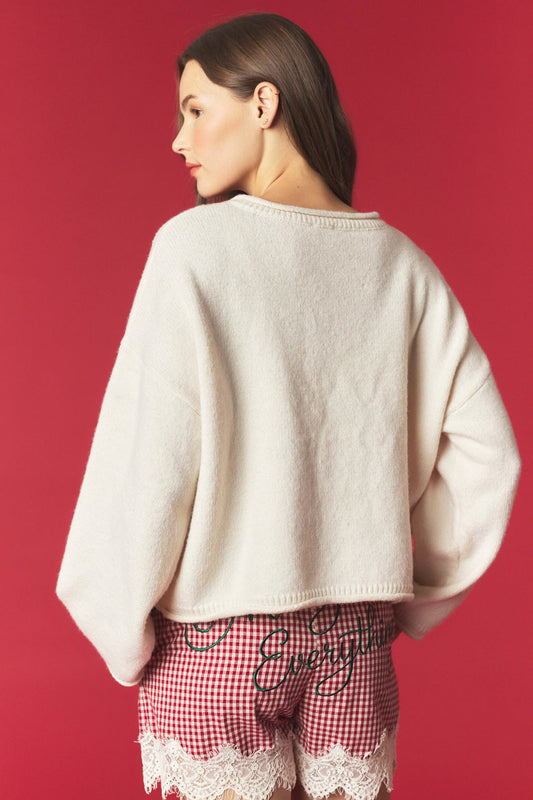 Holiday Embroidery Rolled Edge Cardigan