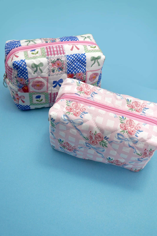 BOW QUILTED COTTON FLORAL COSMETIC POUCH BAG