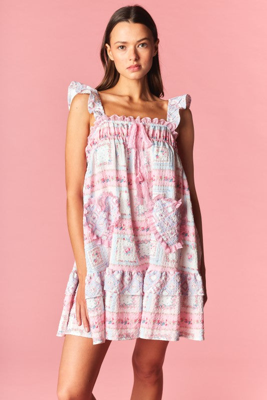 Pink Patchwork Lace Heart Mini Dress
