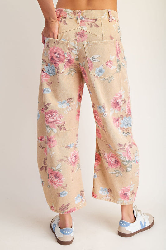 Mineral Washed Floral Printed Barrel Jeans