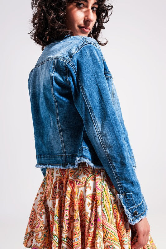 Light Wash Denim Jacket With Raw Hem Edge