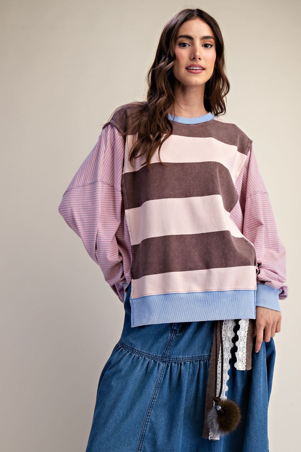 Stripe Mix Washed Terry Pullover