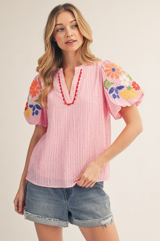 Puff Sleeve Pink Gingham Top