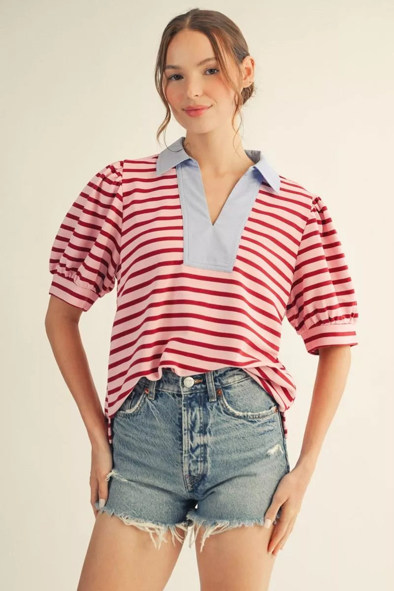 Pink Contrast Stripe Top