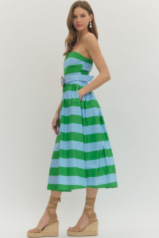 Striped Strapless Midi Dress