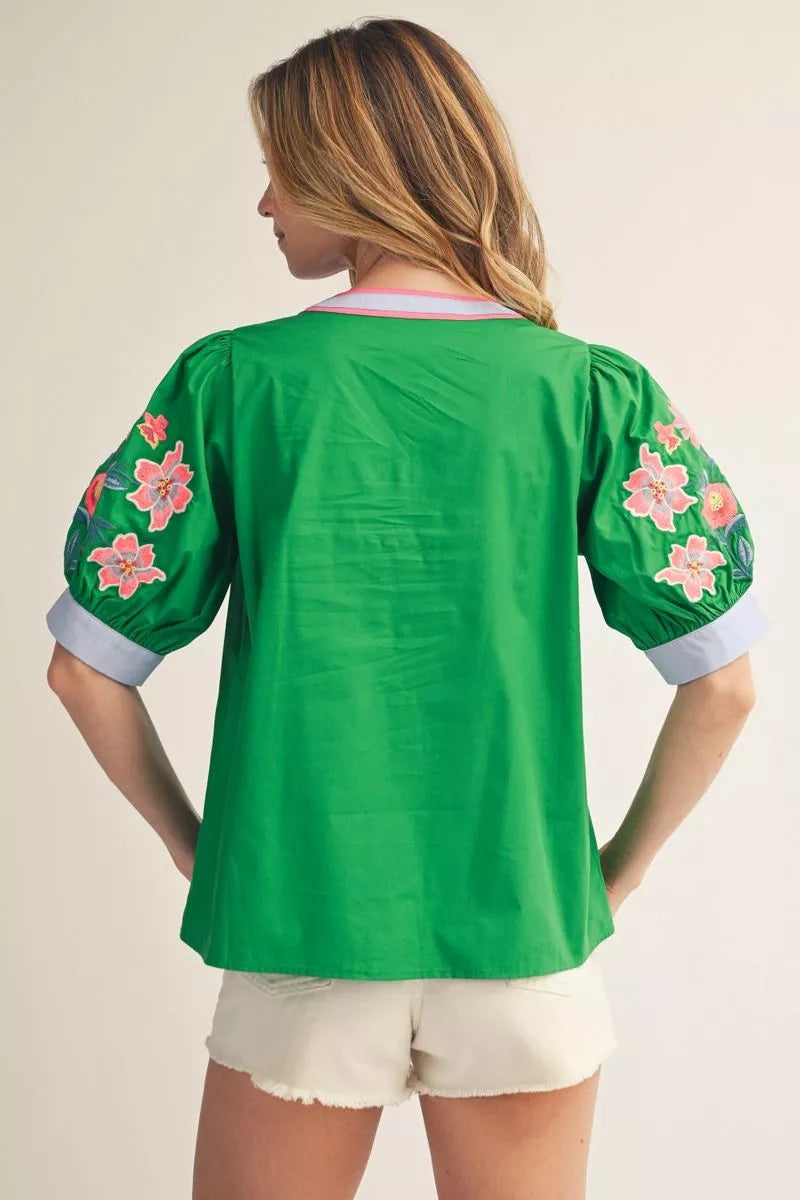 Greta Green Puff Embroidered Sleeve Top