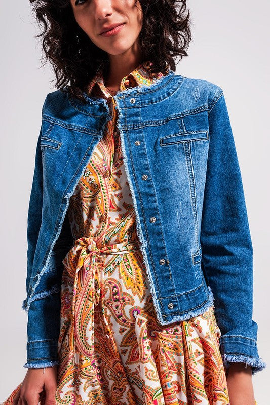 Light Wash Denim Jacket With Raw Hem Edge